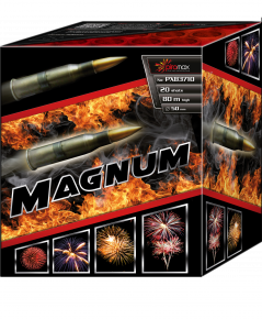 PXB3710 - 20 strzłowa wyrzutnia 50mm "Magnum"; efekty: czerwone komety przechodzące w czerwone fale z zielonym migotaniem, zielone komety przechodzące w złote wierzby z białym migotaniem, czerwone komety przechodzące w zielone fale ze złotym deszczem, czerwone komety przechodzące w czerwone dalie z białym migotaniem, zielone komety przechodzące w zielone fale z czerwonym migotaniem, zielone fale przechodzące w złote opadające wierzby.